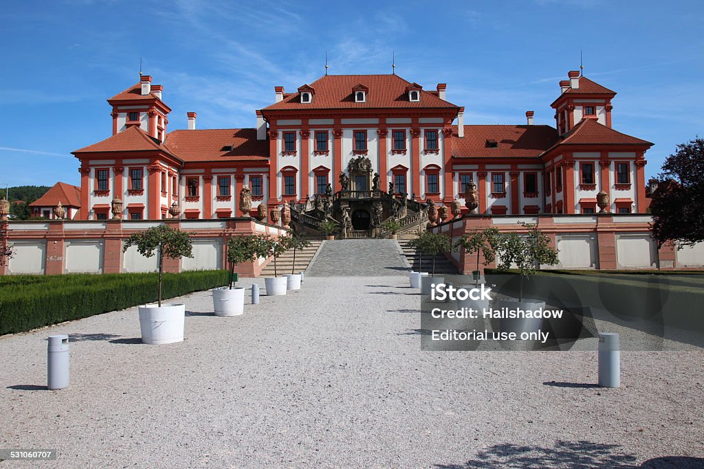 Troy Palace patway Prague, Czech Republic - August 10, 2014: Troja Palace is a Baroque palace located in Troja, Prague's north-west borough - Czech Republic. It was built for the Counts of Sternberg from 1679 to 1691. The palace is owned by the city of Prague and hosts the 19th century Czech art collections of the City Gallery. Baroque Style Stock Photo