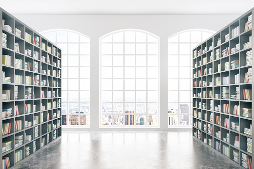 Library interior design with massive bookshelves, concrete floor and city view. 3D Rendering