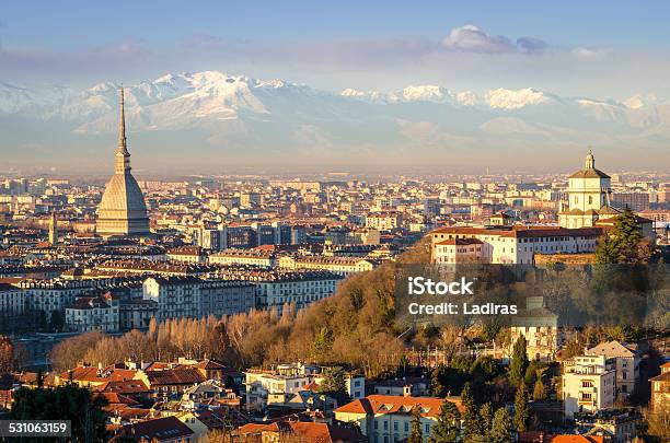 Turin Landscape With Mole Antonelliana And Alps Stock Photo - Download Image Now