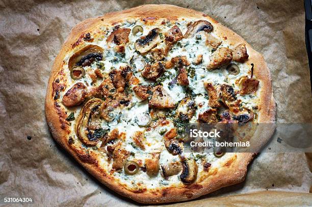 White Pizza Stock Photo - Download Image Now - Pizza, Mushroom, Chicken Meat