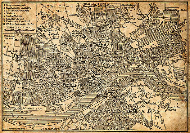Map of Newcastle Upon Tyne Antique illustration of old Newcastle Upon Tyne map modern map north east england uk stock illustrations