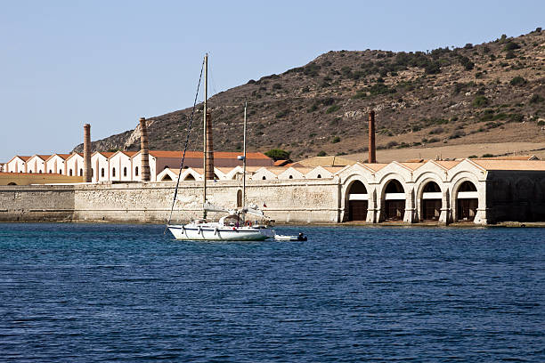 Favignana,old factory for tuna fishing, view from the port The ancient Florio cannery is now a restored exhibition centre. Aegadian Islands, Sicily favignana photos stock pictures, royalty-free photos & images