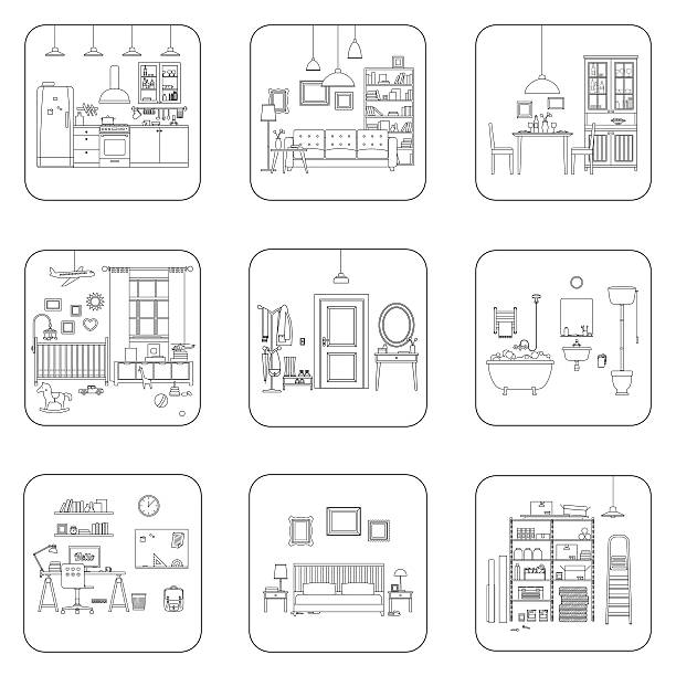 ilustrações, clipart, desenhos animados e ícones de linha quartos interiores - commercial kitchen illustrations