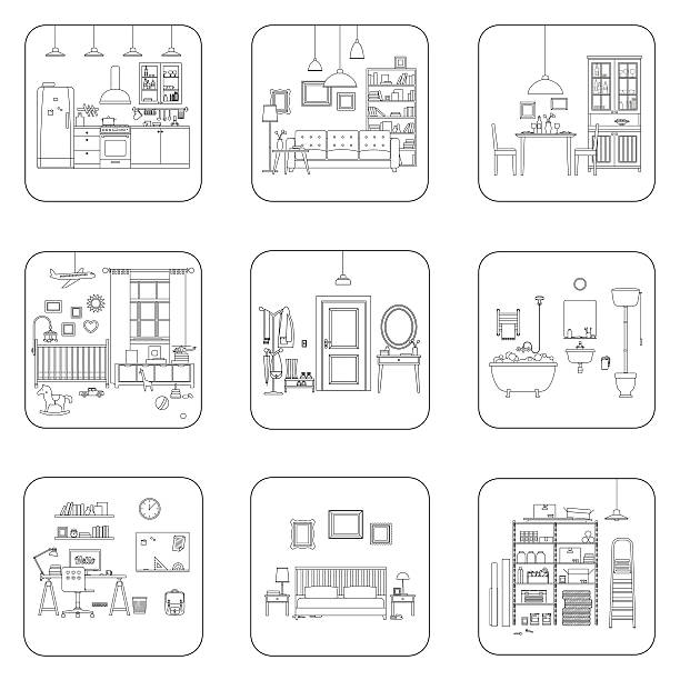 Line interior rooms Set of line interior rooms. Thin illustrations of bathroom, living room, kitchen, etc. bathroom backgrounds stock illustrations