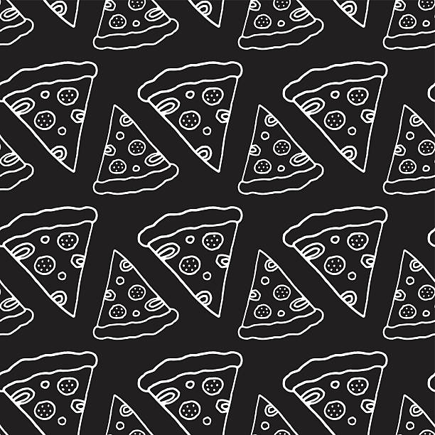 Hand Drawn Pizza Seamless Pattern Trendy fast food pattern with hand drawn pizza. Cute vector black and white fast food pattern. Seamless monochrome fast food pattern for fabric, wallpapers, wrapping paper, cards and web backgrounds. pizza designs stock illustrations