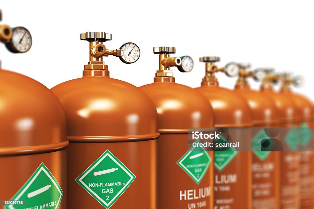 Row of liquefied helium industrial gas containers See also: Helium Stock Photo