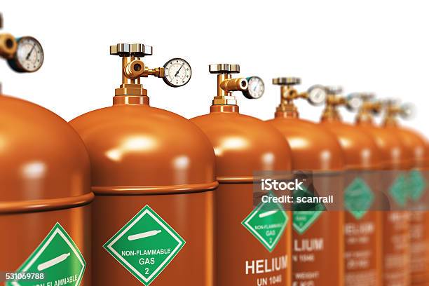 Row Of Liquefied Helium Industrial Gas Containers Stock Photo - Download Image Now - Helium, Storage Tank, Natural Gas