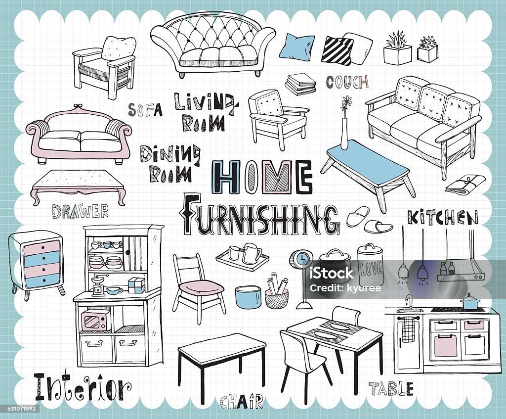 Hand drawn home furnishing set-Dining room and Living room Illustration with furniture for dining and living room related words in hand drawn style and on the grid background. All text and illustration is hand-drawn. Drawing - Activity stock vector