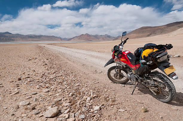Motorcycle adventure at Tso kar, Ladakh, India stock photo