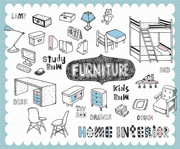 Hand drawn home furnishing set-Study room and Kids room Illustration with furniture for study and kids room related words in hand drawn style and on the grid background. All text and illustration is hand-drawn. bedroom drawings stock illustrations