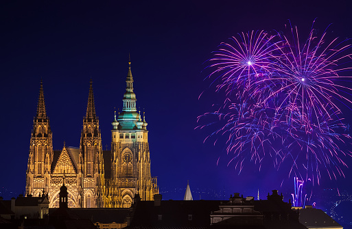 Fireworks illuminate the sky over St Vitus Cathedral at the Prague Castle, Czech Republic, New Year celebration