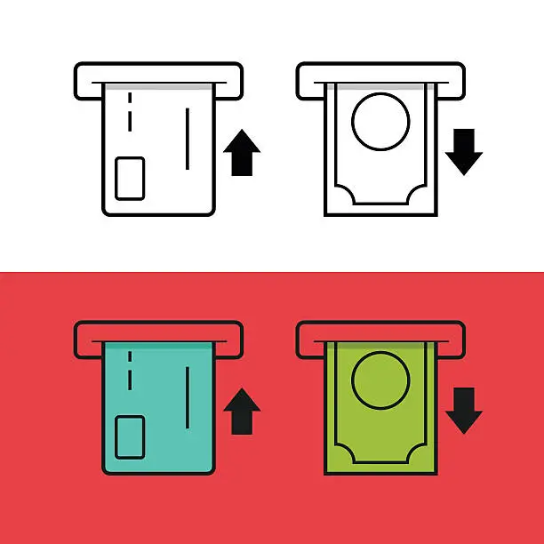 Vector illustration of ATM credit card and money vector icons, cash machine withdraw