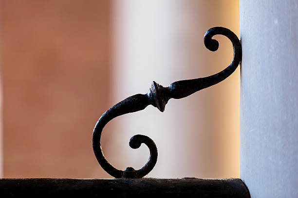 Forged vintage metal hinges on a yellow wall.copy space.