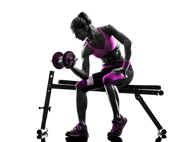donna fitness esercizi con pesi modello di costruzione - women weight bench exercising weightlifting foto e immagini stock