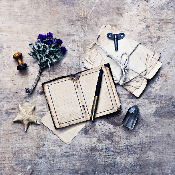 istock Traveler researcher notes on old wooden background 531077565