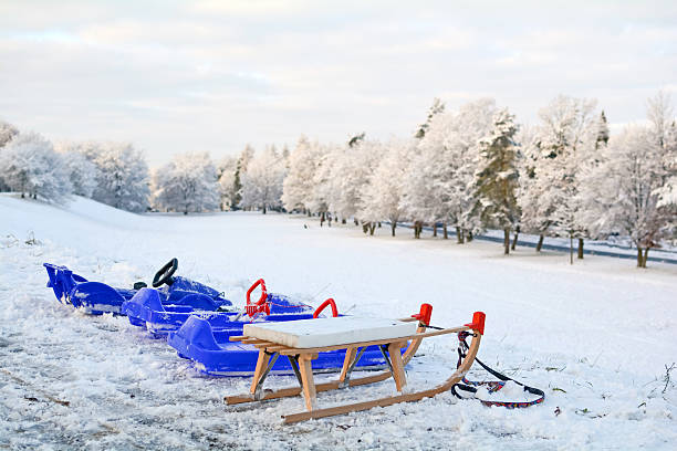 Green  plastic sledge sitting in the snow on a winter day