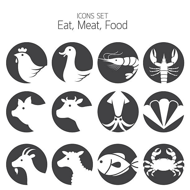 ilustrações, clipart, desenhos animados e ícones de ícones definido: animal, carnes, frutos do mar e comer - chicken fish beef pig