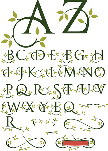 Elegant drop cap vector letters with natural leaf designs.
