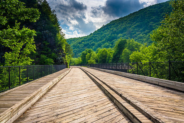 Bridge and mountains in Lehigh Gorge State Park, Pennsylvania. stock photo