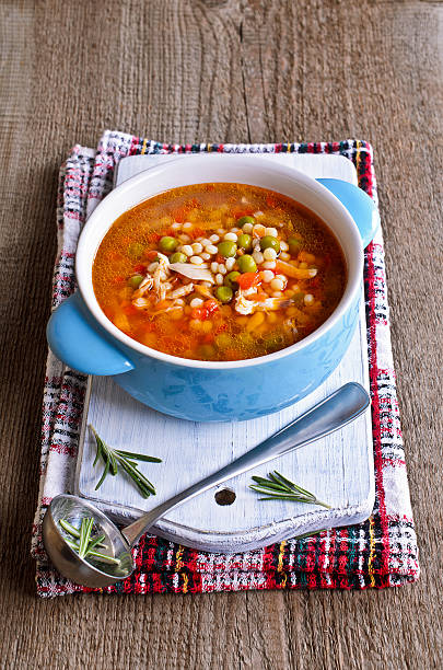istock Soup with small pasta, vegetables and pieces of meat 531090649