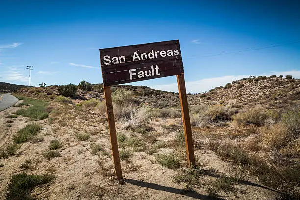 A sign posted where the San Andreas Fault intersects with Pallet Creek Road in Pearblossom California, a small town in Los Angeles County.
