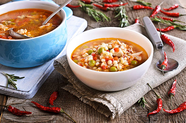 istock Soup with small pasta, vegetables and pieces of meat 531096477