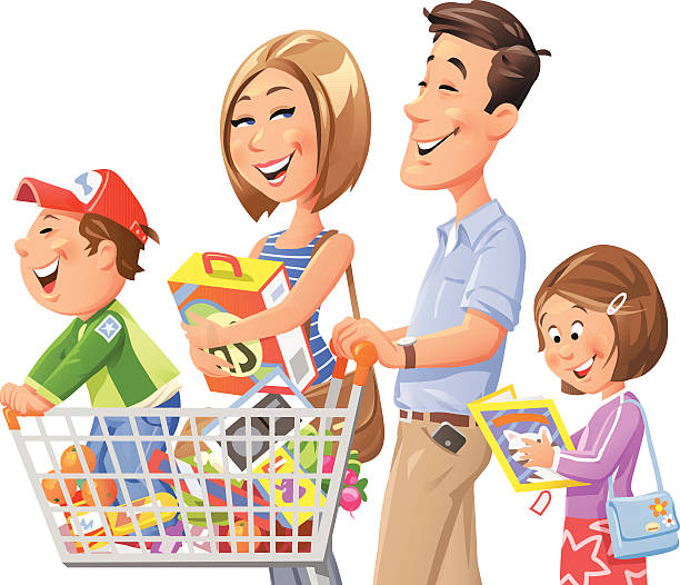 Family Shopping Illustration of a young family going shopping, isolated on white. The little son is standing in the shopping cart pushed by his father, the mother is carrying a box and and the daughter is reading a new book. In the shopping cart are fruits, vegetables and various household goods. EPS 10, grouped and labeled in layers. happy family shopping stock illustrations