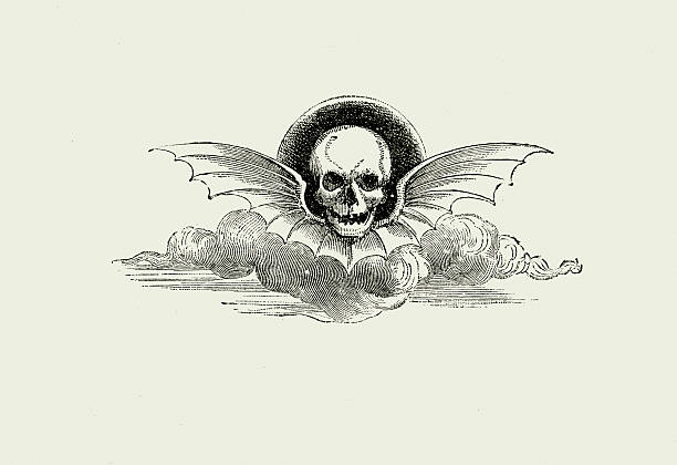 Vintage engraving from La Fontaine's Fables, Illustraed by Gustave Dore. Winged Deaths Head