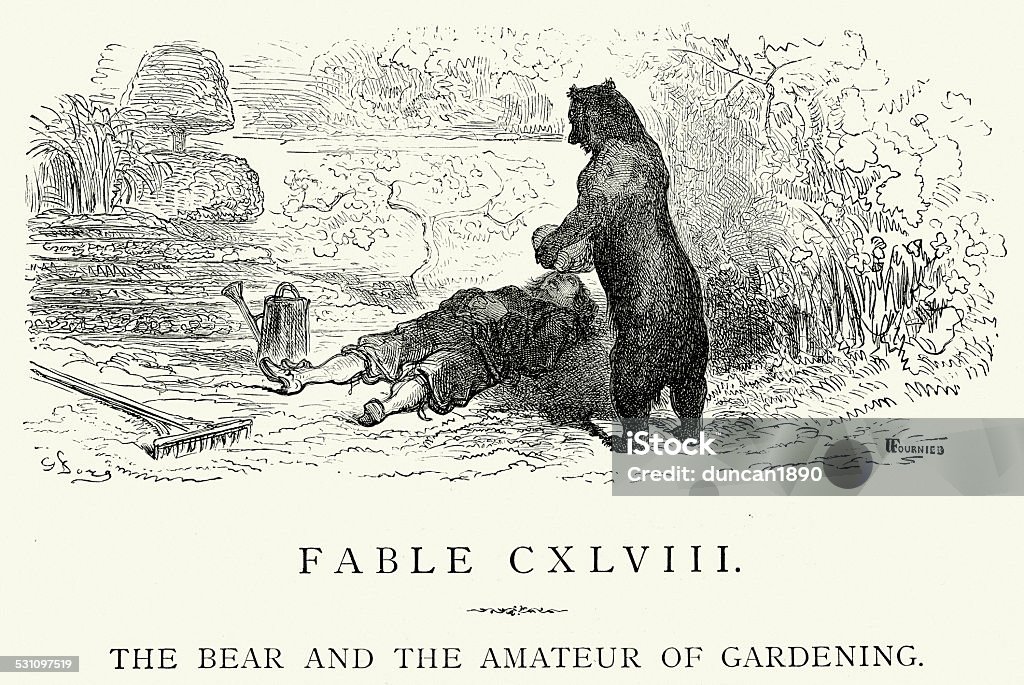 La Fontaine's Fables -  Bear and the Amateur of Gardening Vintage engraving from La Fontaine's Fables, Illustraed by Gustave Dore. The Bear and the Amateur of Gardening. 19th Century stock illustration