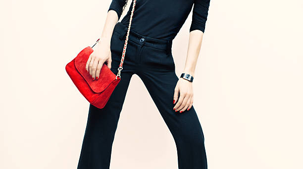 istock Beautiful blond model classic black style with red fashionable c 531106565