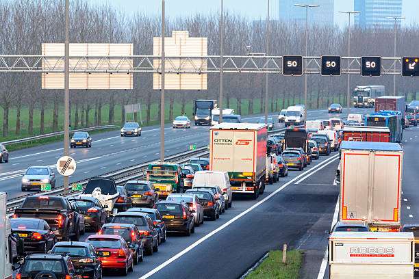 Traffic jam on the highway stock photo