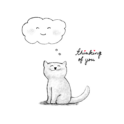 Cat with smiley thinking bubble and thinking of you text