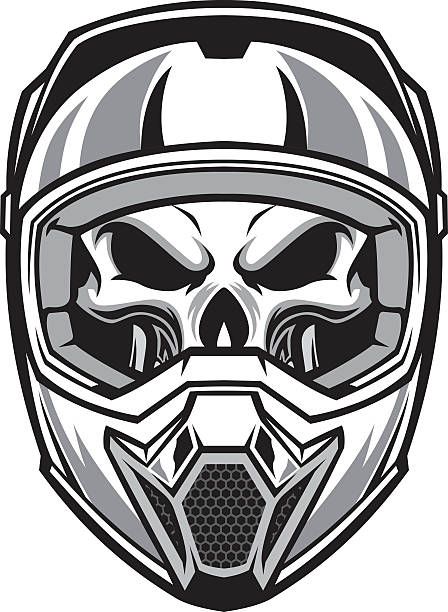 illustrazioni stock, clip art, cartoni animati e icone di tendenza di teschio con casco da motocross - motocross engine motorcycle extreme sports