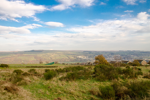 Hills in West Yorkshire during sunny weather. Keighley, United Kingdom.