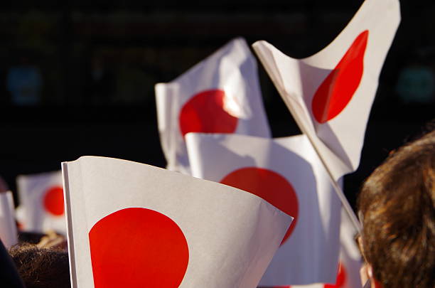 празднование, размахивающий лапами флагов - japan japanese ethnicity flag japanese flag стоковые фото и изображения