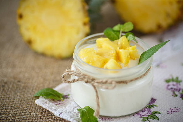 sweet homemade yogurt with pineapple stock photo