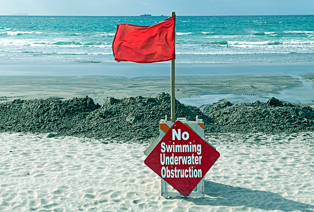 istock Red flag and warning sign on beach in Coronado CA 531118281