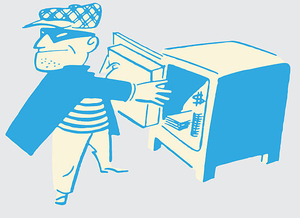 ilustraciones, imágenes clip art, dibujos animados e iconos de stock de crook en busted abierta-caja fuerte - busted
