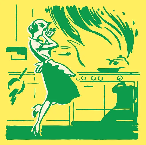 Vector illustration of Woman in Kitchen on Fire