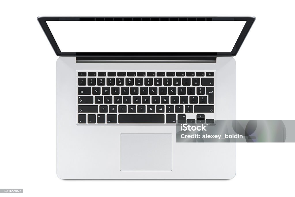 Top view of modern laptop with English keyboard Top view of modern retina laptop with English keyboard isolated on white background. High quality. Laptop Stock Photo