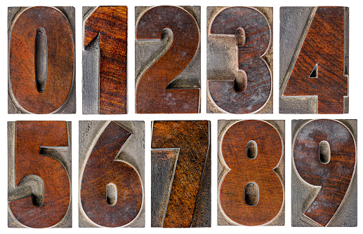 a set of isolated 10 numbers from zero to nine in vintage letterpress wood type with ink patina