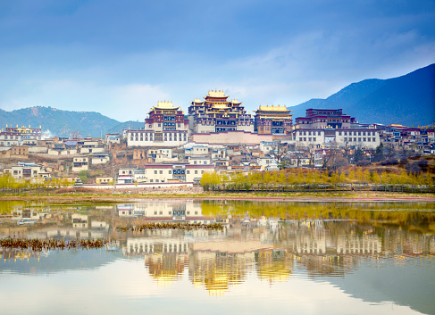 Landscape with tibetan monastery and lake