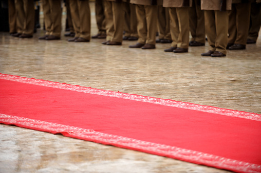 Guard of honor soldiers in front of the red carpet during military ceremony