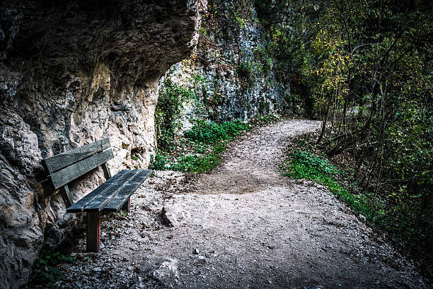 wooden bench covered with a rock along a mountain path, Val di Non, Trentino Alto Adige, Italy.
