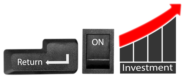 Return on investment represented by a keyboard bottom, on and off button as well as a growth plan.