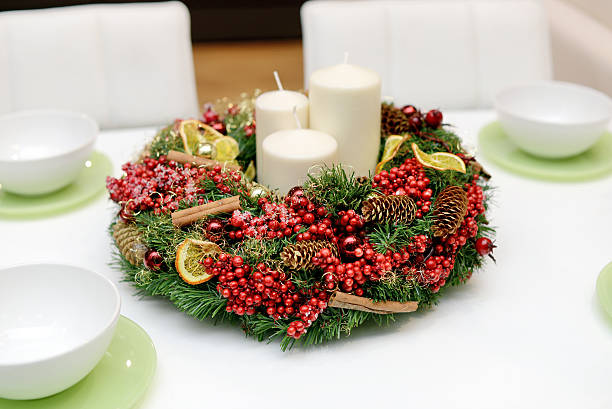istock Christmas wreath on the table 531139769