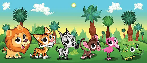 Vector illustration of Set of funny animals in the forest