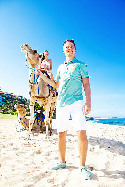 istock Bride and groom riding camels on the beach 531149089