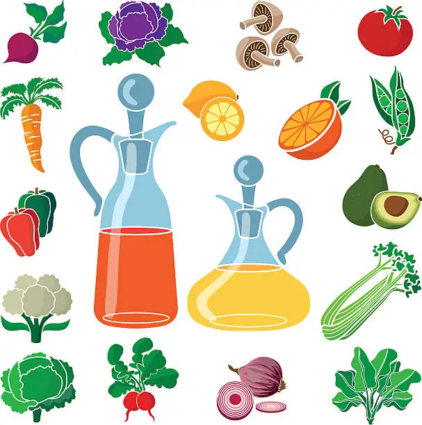 Vector illustration of fresh produce for a healthy salad with oil and vinegar