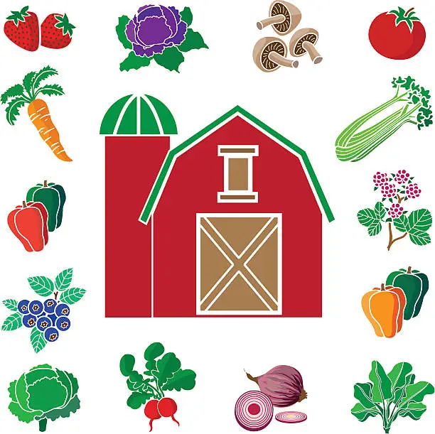 Vector illustration of red barn with design border of produce from the farm